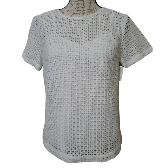 A New Day Blouse White Eyelet Lace Short Sleeve Top Boho Cottagecore Large - Picture 1 of 2